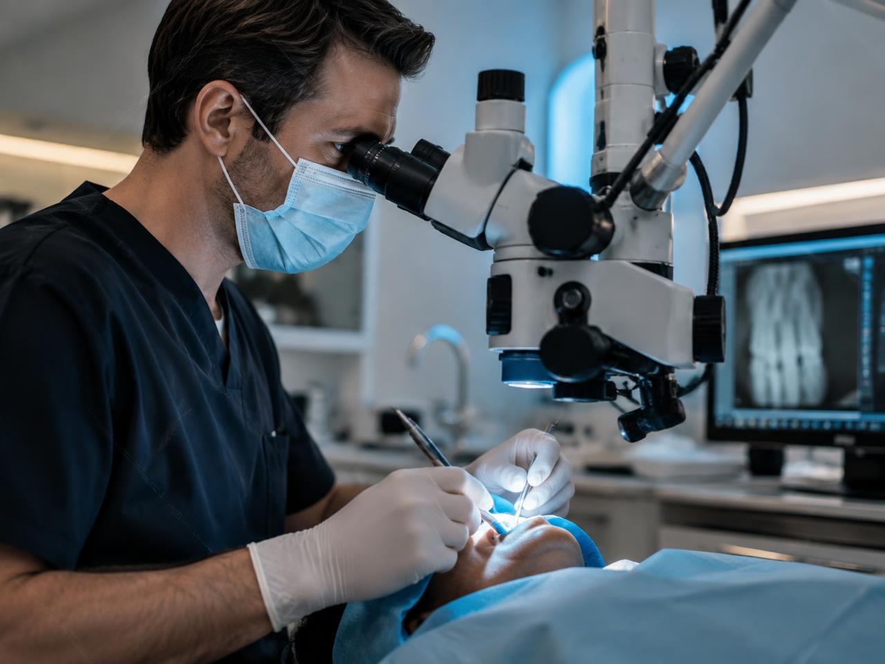 Endodontic treatment under a dental microscope